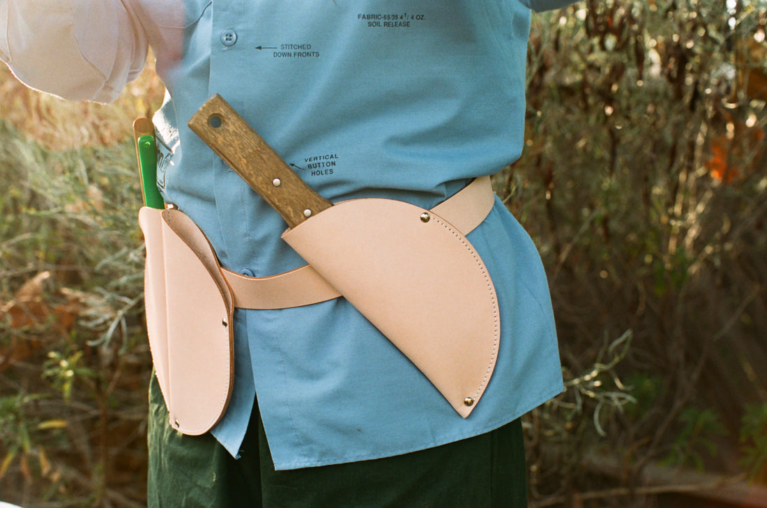 Plant Material X Building Block Half Moon Garden Holster with Full Moon Garden Holster on belt