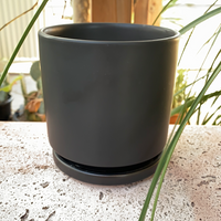 4" Porcelain Glazed Cylinder Pot with Saucer Black