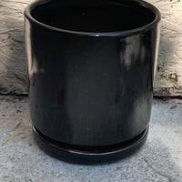 4" Porcelain Glazed Cylinder Pot with Saucer  Black