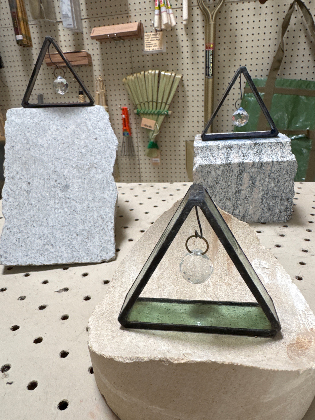 Stained glass 3-D triangle with light catching prism