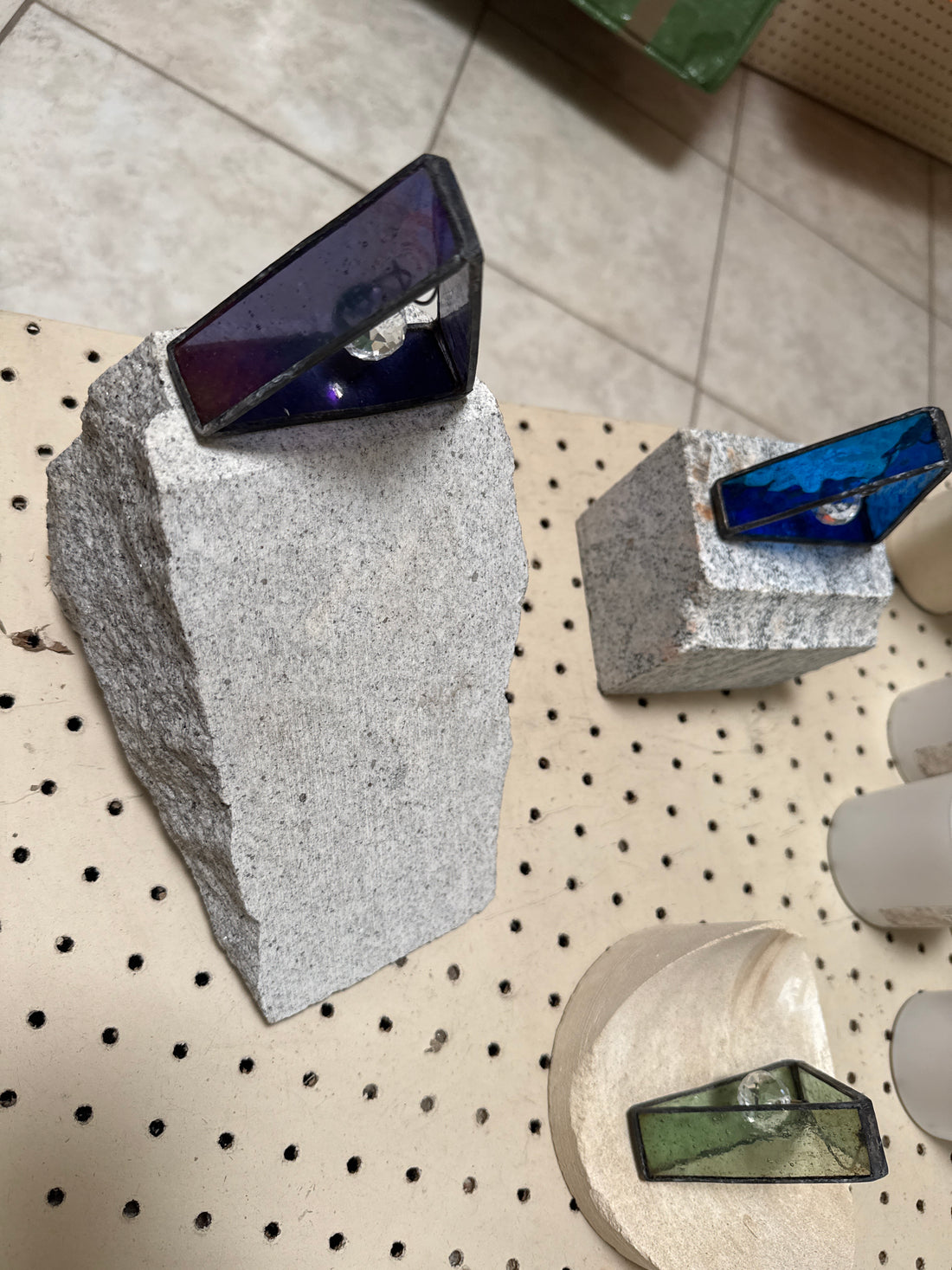 Stained glass 3-D triangle with light catching prism