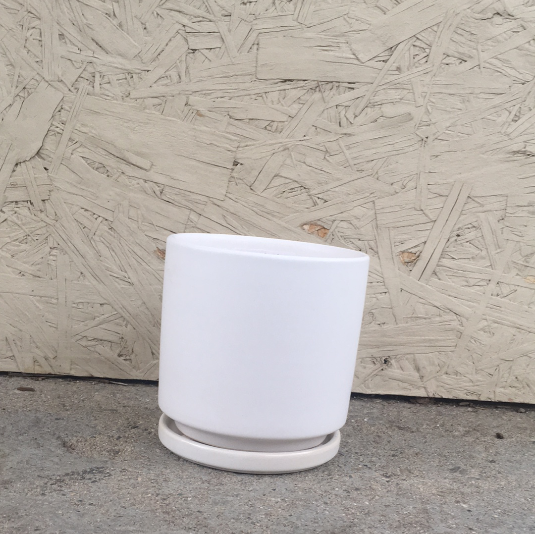4" Porcelain Glazed Cylinder Pot with Saucer  White