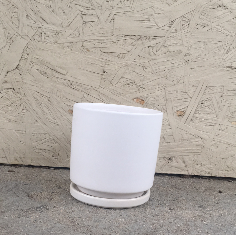 4" Porcelain Glazed Cylinder Pot with Saucer  White