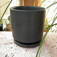 4" Porcelain Glazed Cylinder Pot with Saucer  Black